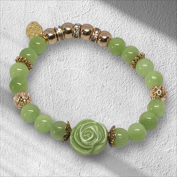 Handcrafted Glass Beads Stretch Bracelet Sage Green Gold Rhinestones - Picture 1 of 4